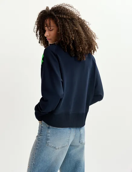 Navy blue organic cotton sweatshirt with sequin and beaded embroideries