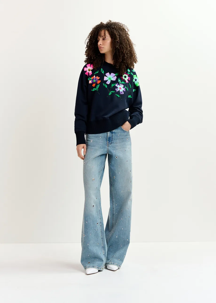 Navy blue organic cotton sweatshirt with sequin and beaded embroideries