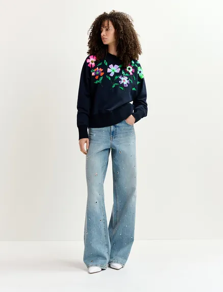 Navy blue organic cotton sweatshirt with sequin and beaded embroideries