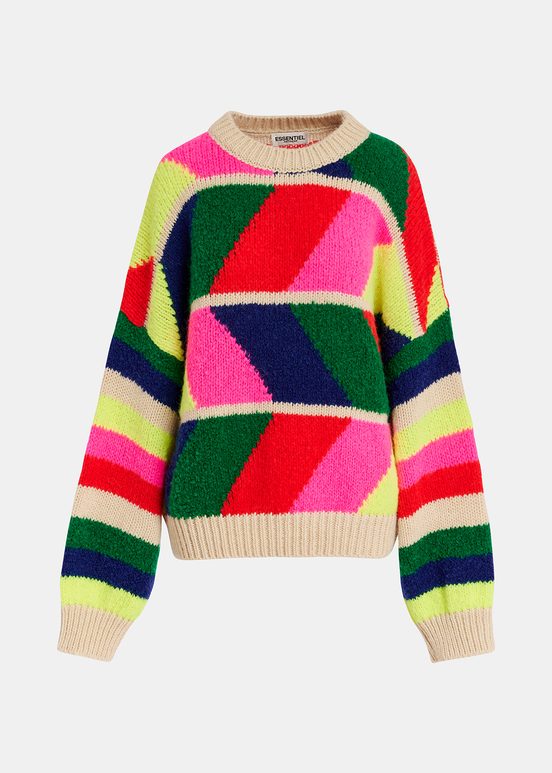 Maglione multicolore lavorato a intarsio geometrico