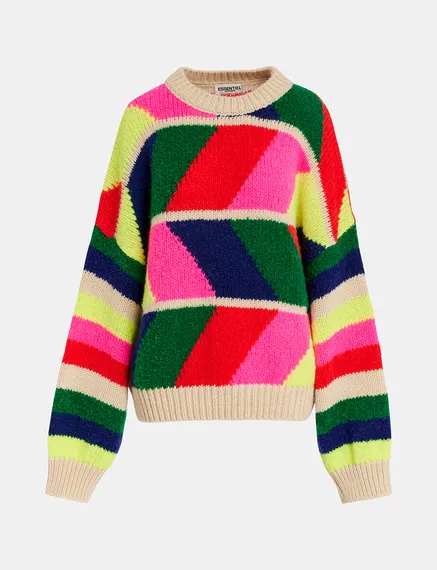 Maglione multicolore lavorato a intarsio geometrico