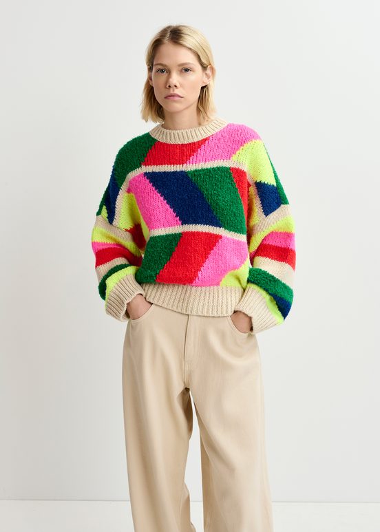 Multicolor geometric intarsia-knitted sweater