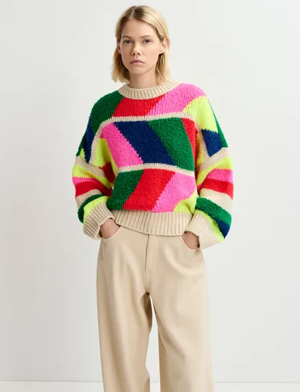 Multicolor geometric intarsia-knitted sweater