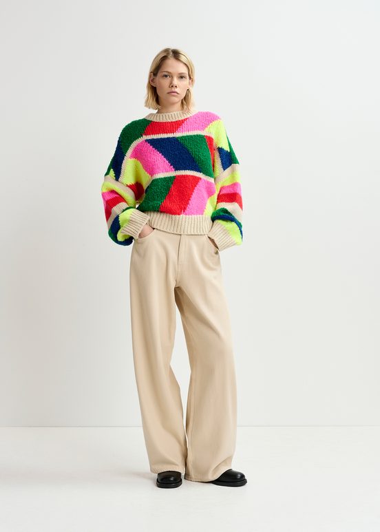 Multicolor geometric intarsia-knitted sweater