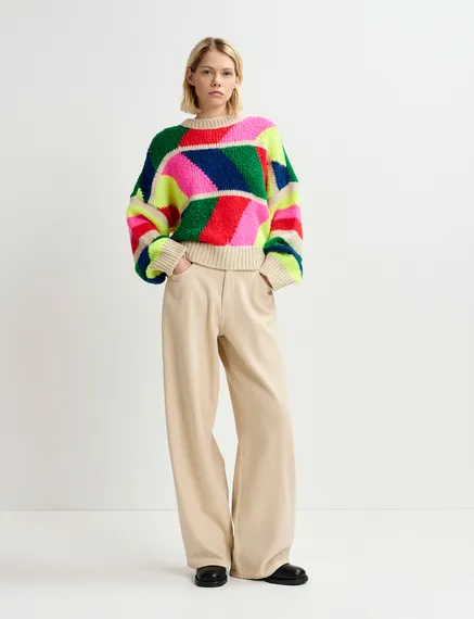 Multicolor geometric intarsia-knitted sweater