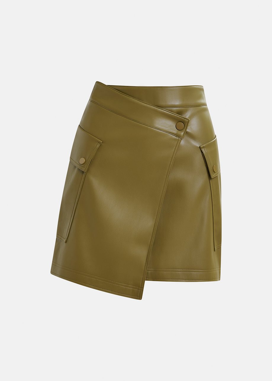 Khaki faux leather mini wrap skirt