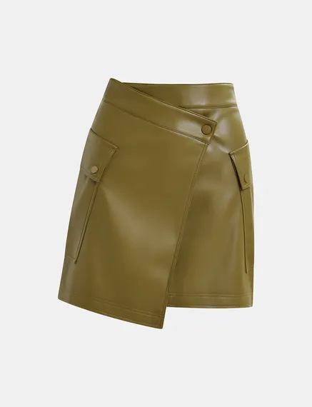 Khaki faux leather mini wrap skirt