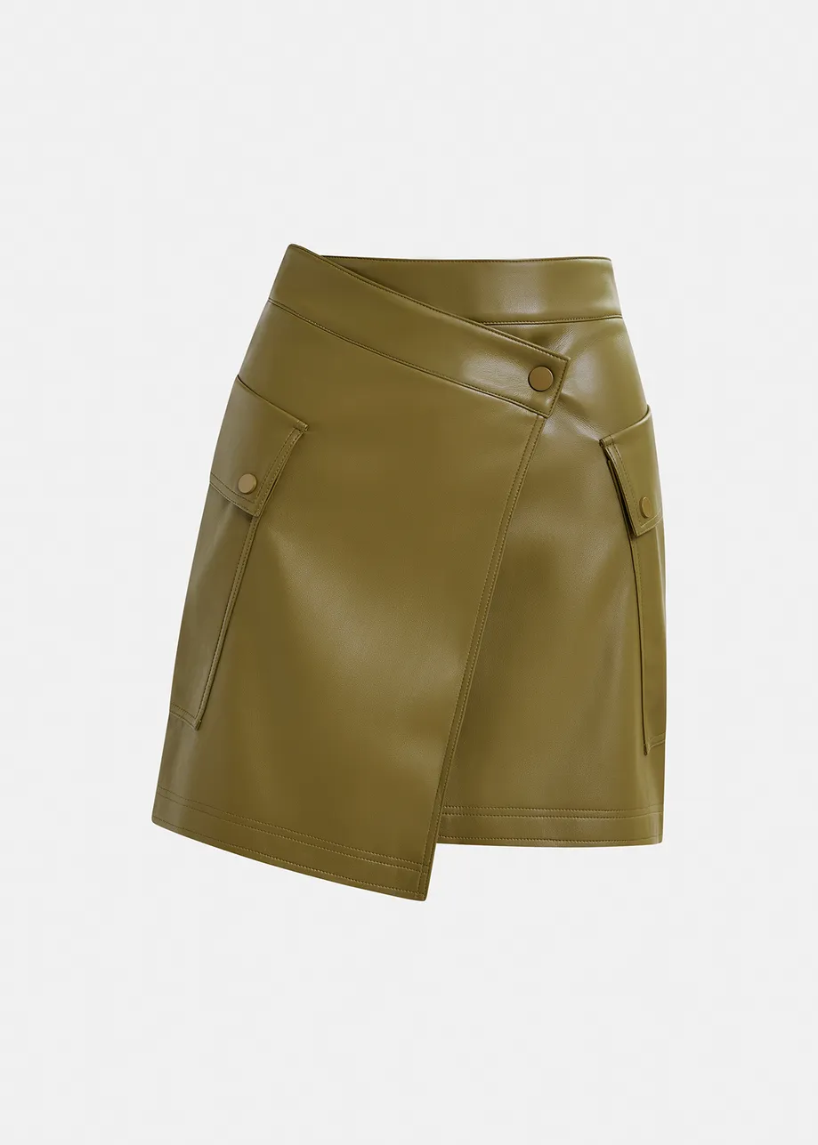 Khaki faux leather mini wrap skirt