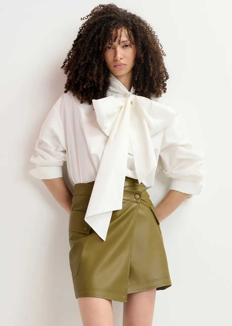 Khaki faux leather mini wrap skirt