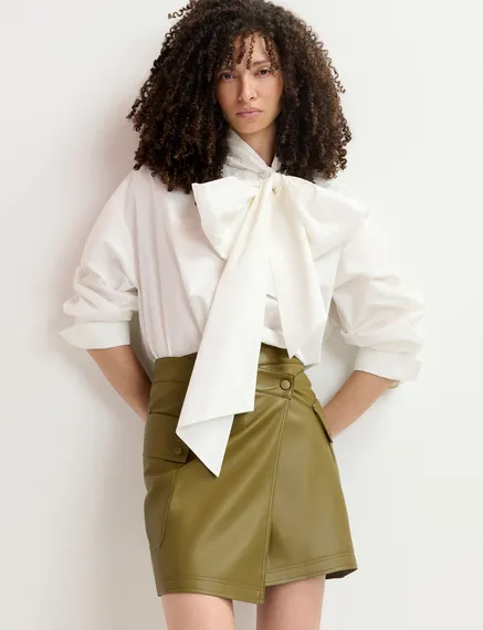 Khaki faux leather mini wrap skirt