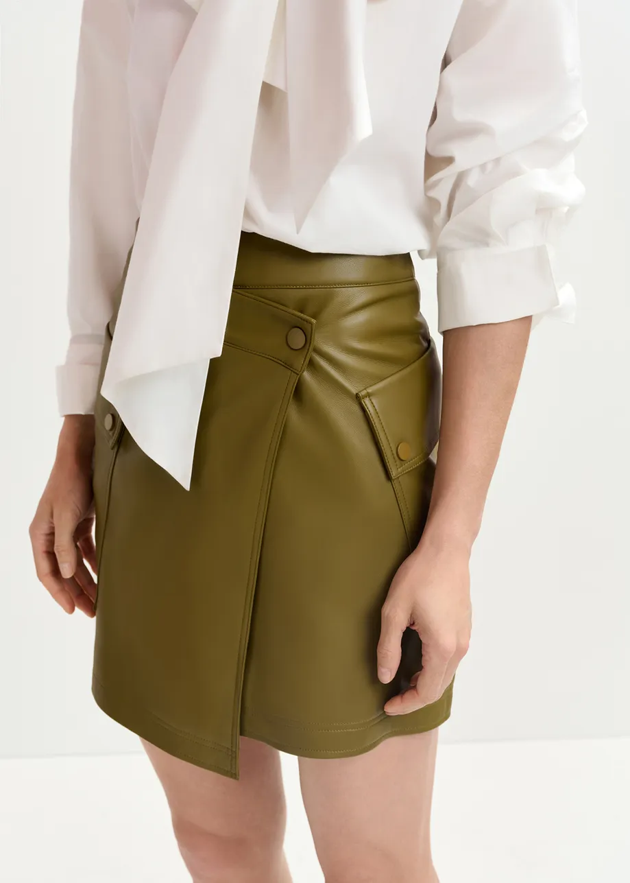 Khaki faux leather mini wrap skirt