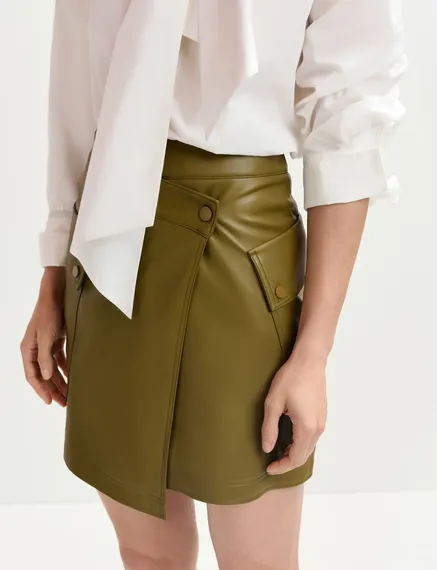 Khaki faux leather mini wrap skirt