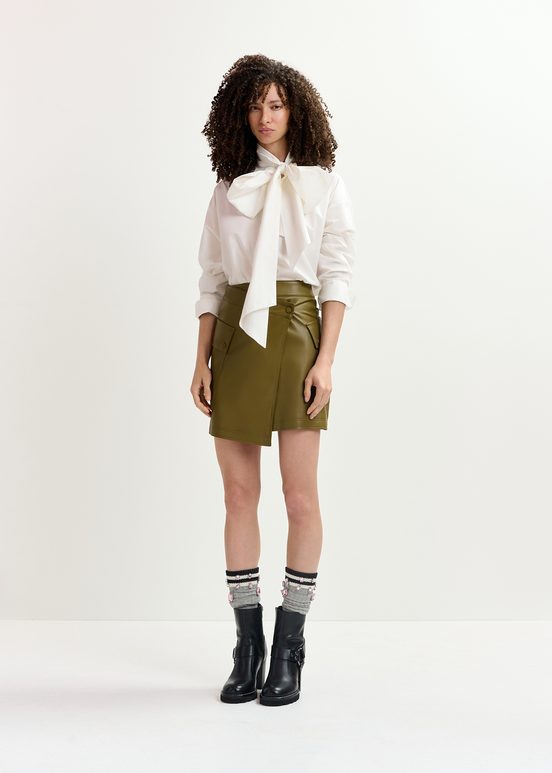 Khaki faux leather mini wrap skirt