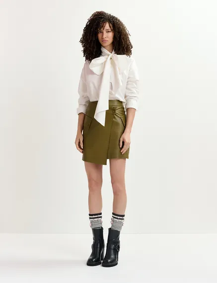 Khaki faux leather mini wrap skirt