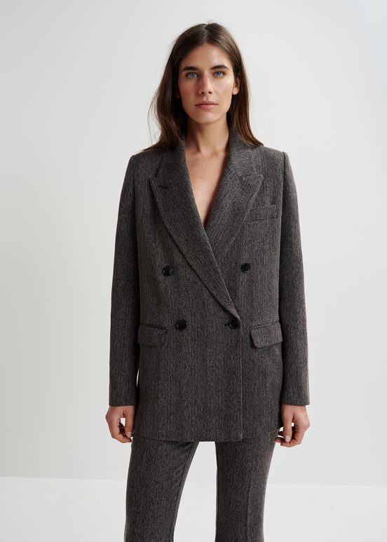 Black herringbone double-breasted blazer