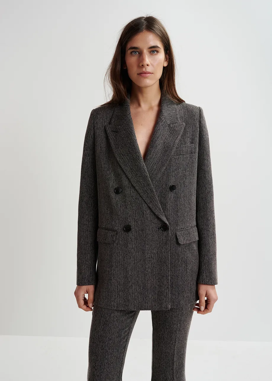 Black herringbone double-breasted blazer