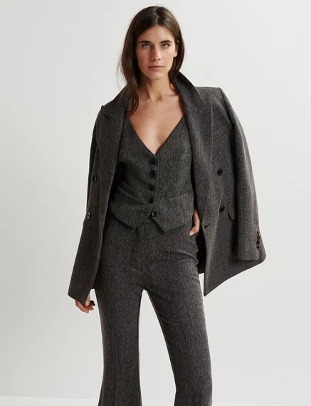 Black herringbone double-breasted blazer