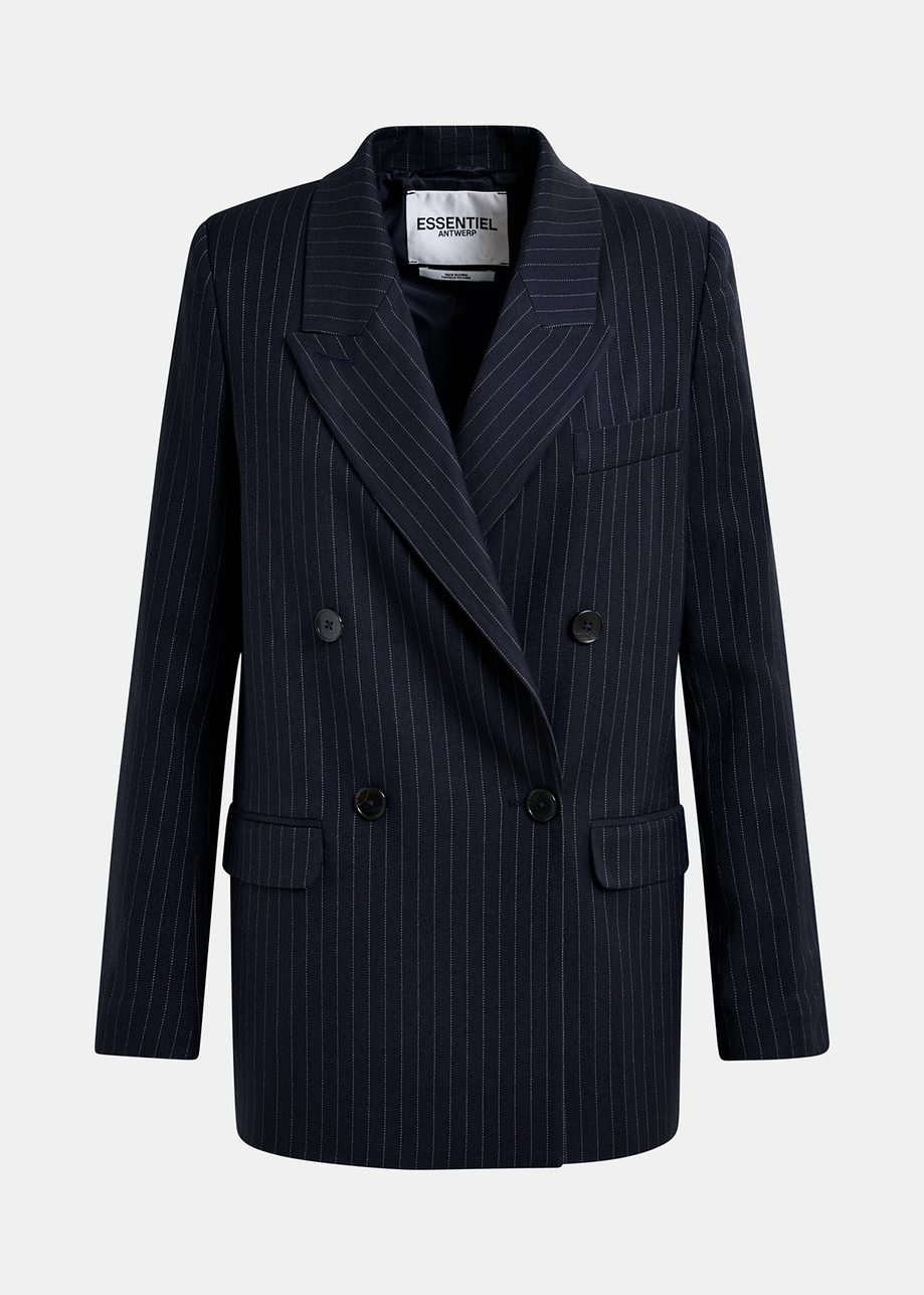 Navy blue pinstriped double-breasted blazer