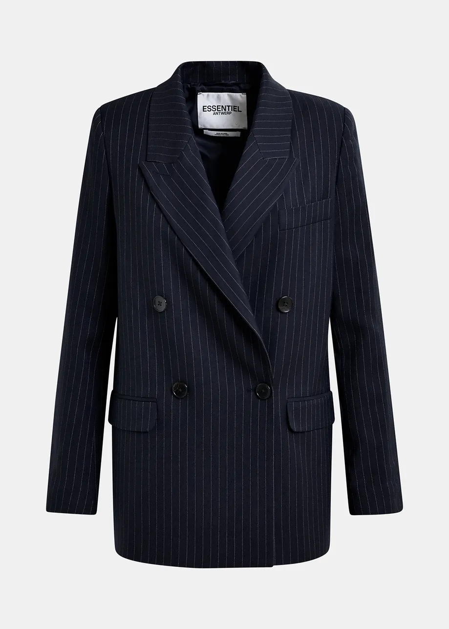 Navy blue pinstriped double-breasted blazer