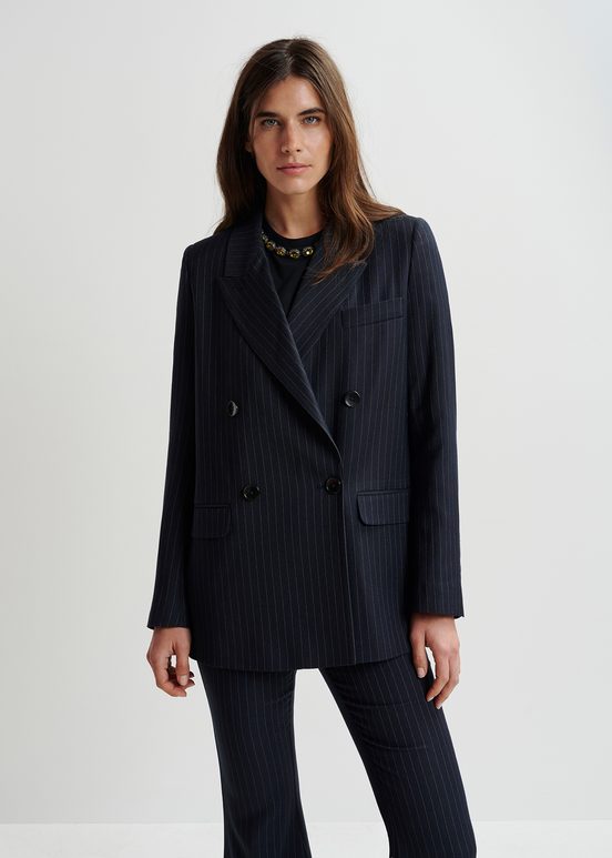 Navy blue pinstriped double-breasted blazer