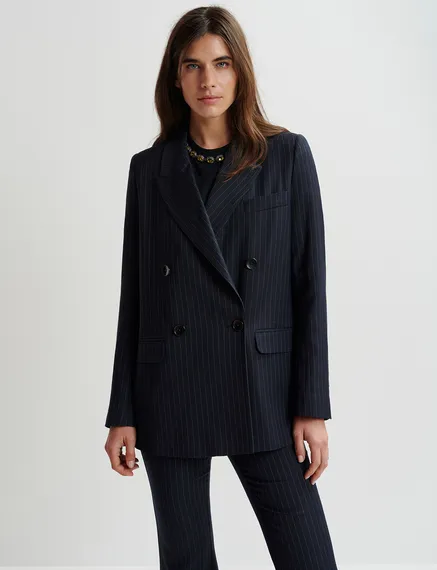 Navy blue pinstriped double-breasted blazer