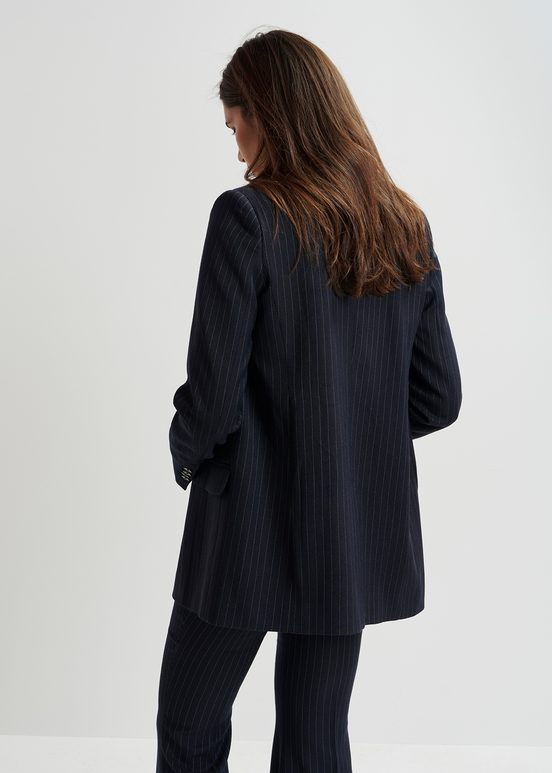 Navy blue pinstriped double-breasted blazer