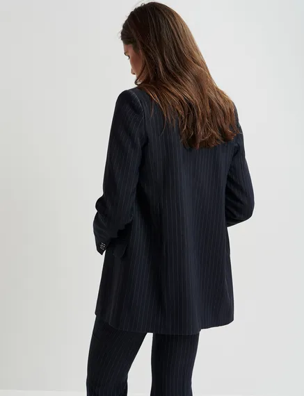 Navy blue pinstriped double-breasted blazer