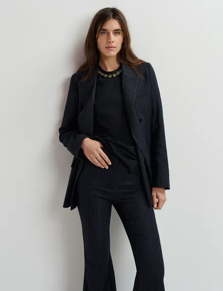 Navy blue pinstriped double-breasted blazer