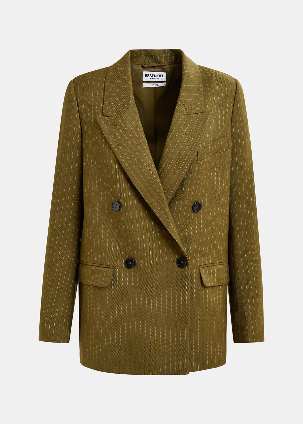 Khaki pinstriped double-breasted blazer | Essentiel Antwerp United
