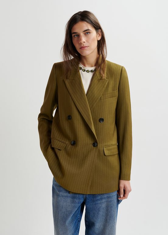 Khaki pinstriped double-breasted blazer