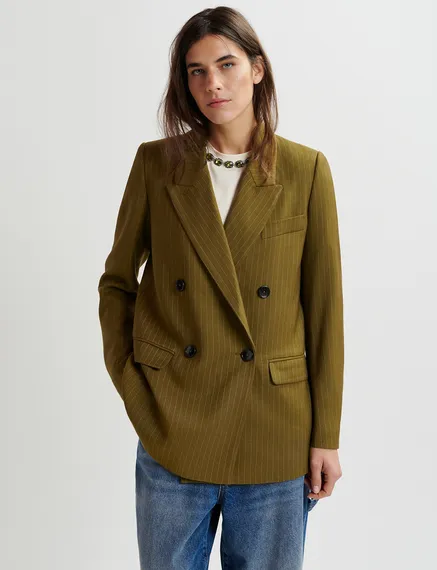 Khaki pinstriped double-breasted blazer