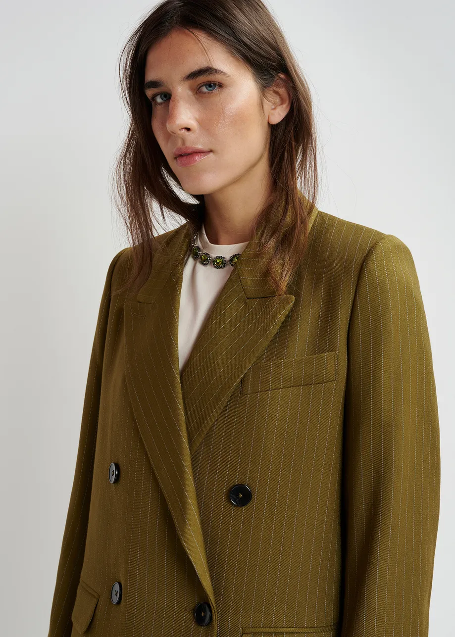 Khaki pinstriped double-breasted blazer