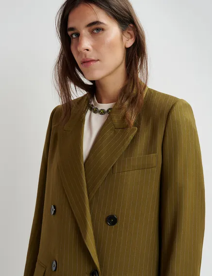 Khaki pinstriped double-breasted blazer