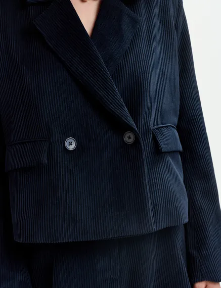 Blazer corto in velluto a coste blu navy