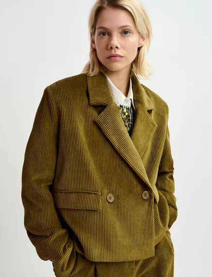 Cropped Cord-Blazer in Khaki