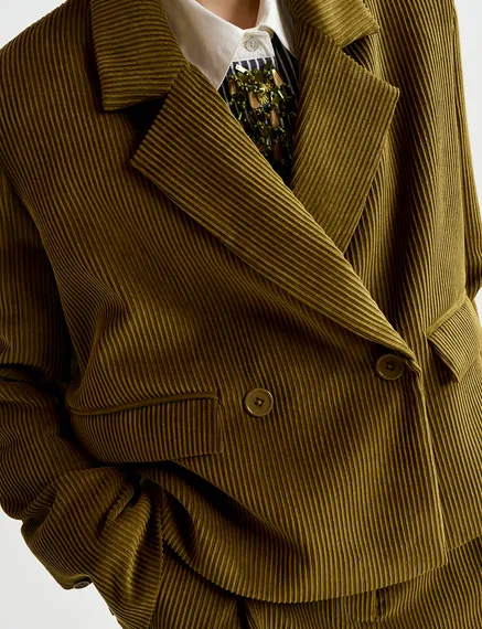 Blazer corto in velluto a coste color cachi 