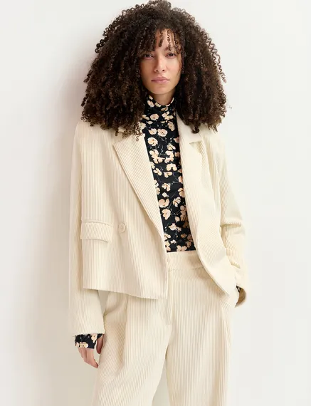 Cropped Cord-Blazer in Ecru