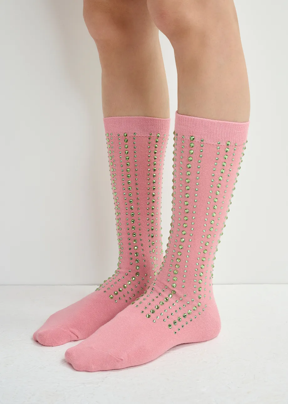 Vintage pink socks with rhinestone embellishments