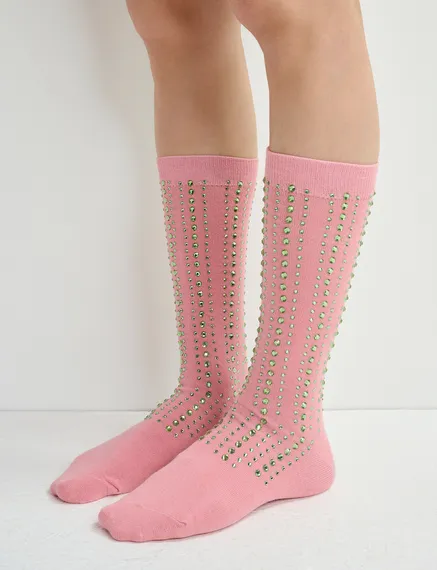 Chaussettes vieux rose à strass