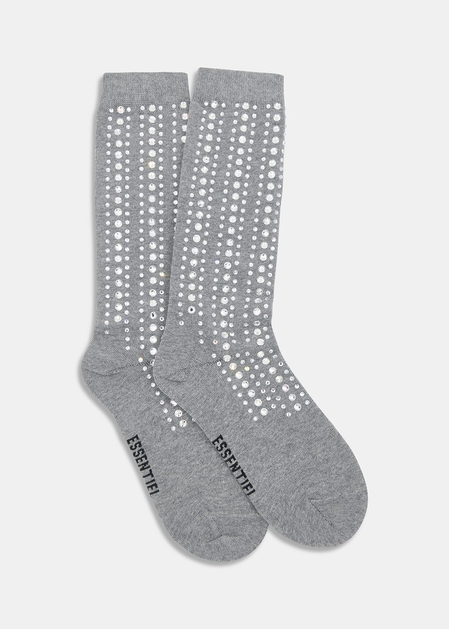 Grey socks with rhinestone embellishments