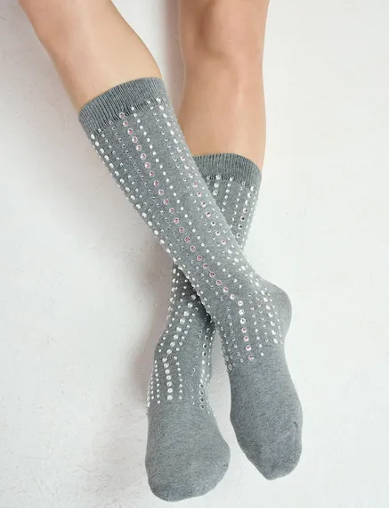 Grey socks with rhinestone embellishments