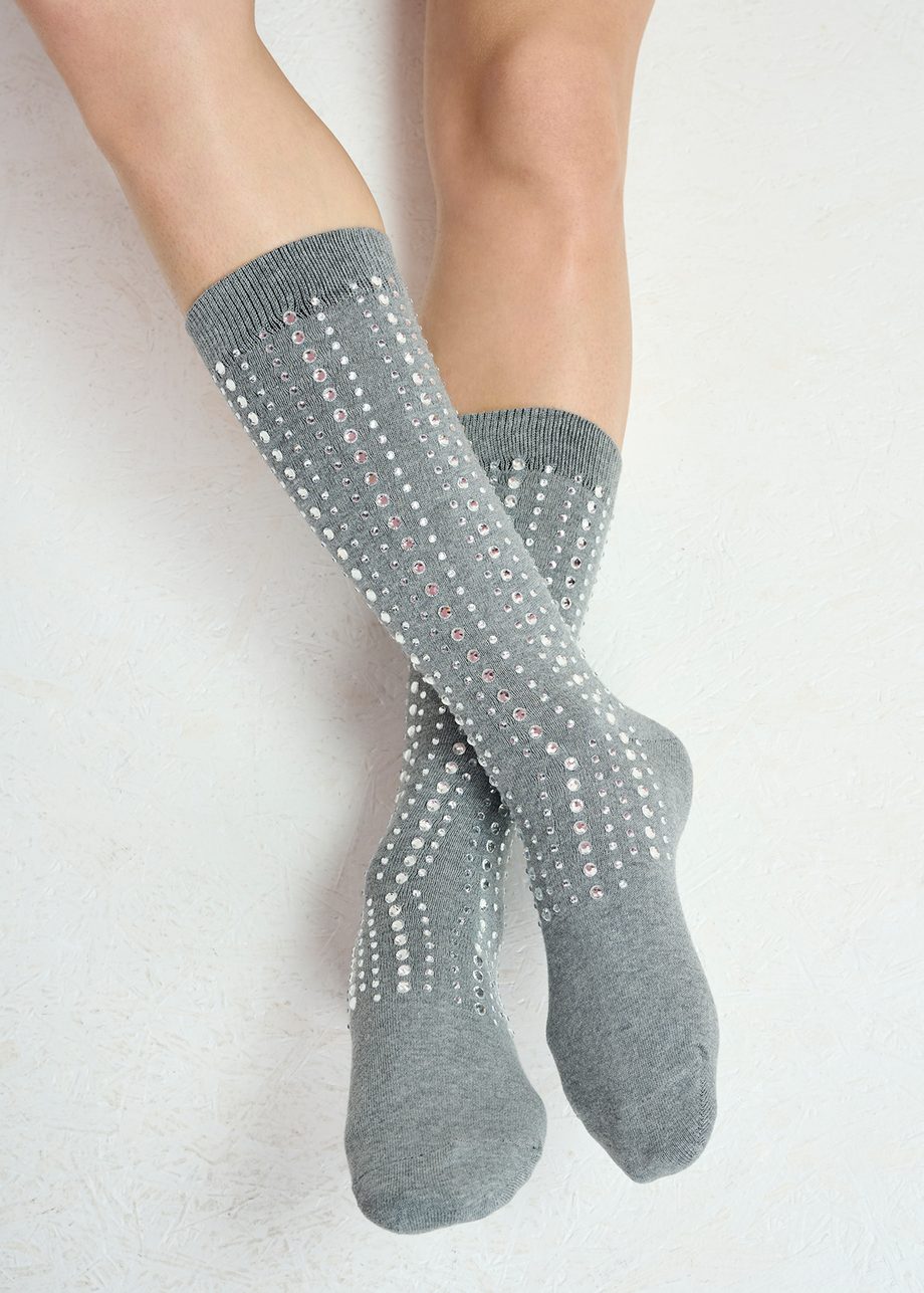 Grey socks with rhinestone embellishments