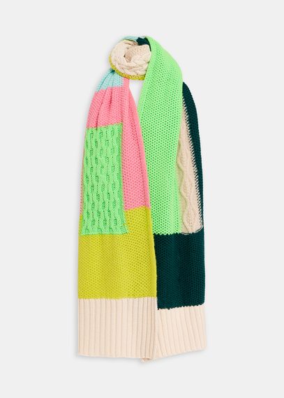 Ecru, neon green and pink cable-knitted patchwork scarf