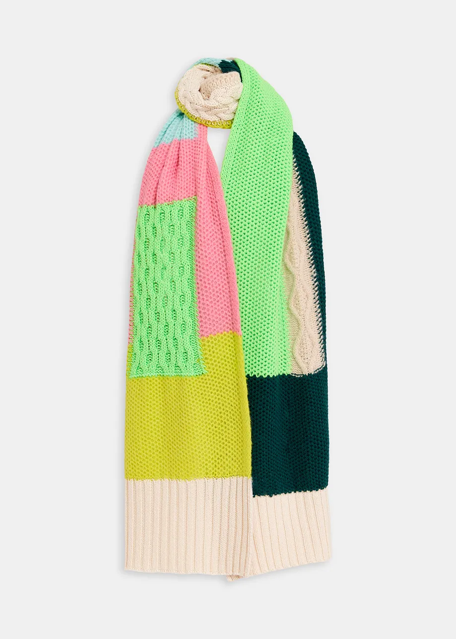 Ecru, neon green and pink cable-knitted patchwork scarf