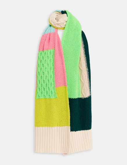 Ecru, neon green and pink cable-knitted patchwork scarf