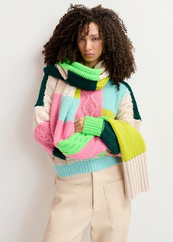 Ecru, neon green and pink cable-knitted patchwork scarf