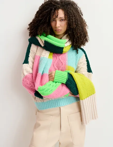 Ecru, neon green and pink cable-knitted patchwork scarf