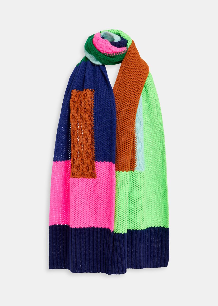 Navy blue, neon green and neon pink cable-knitted patchwork scarf