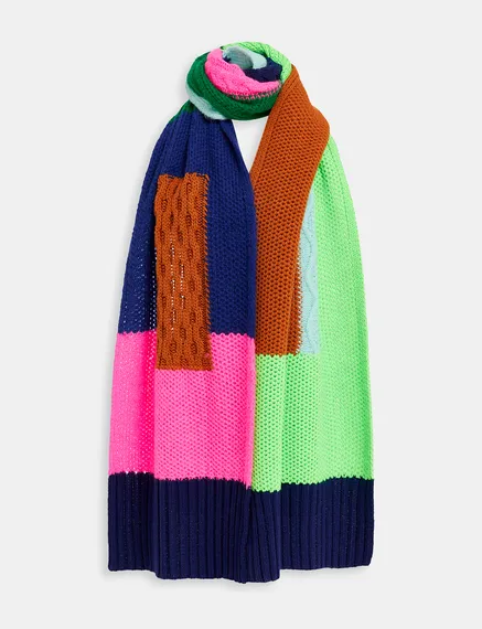 Navy blue, neon green and neon pink cable-knitted patchwork scarf