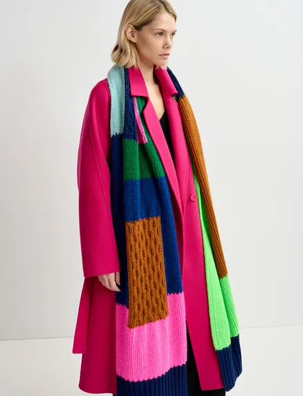 Navy blue, neon green and neon pink cable-knitted patchwork scarf